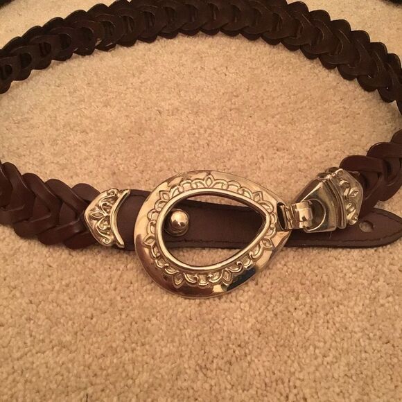 Vintage Accessories - Braided Brown Leather Belt Vintage Womens Sz M Western Silver Tone Buckle